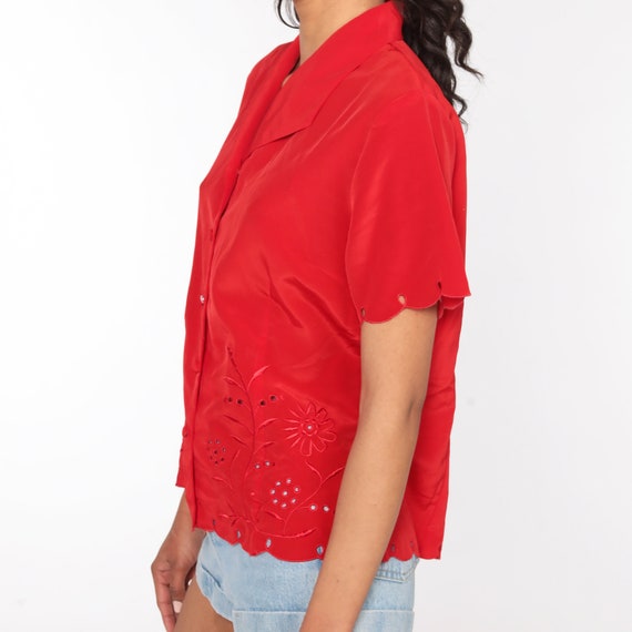 Embroidered Floral Shirt Cut Out Top 80s Red Blou… - image 5