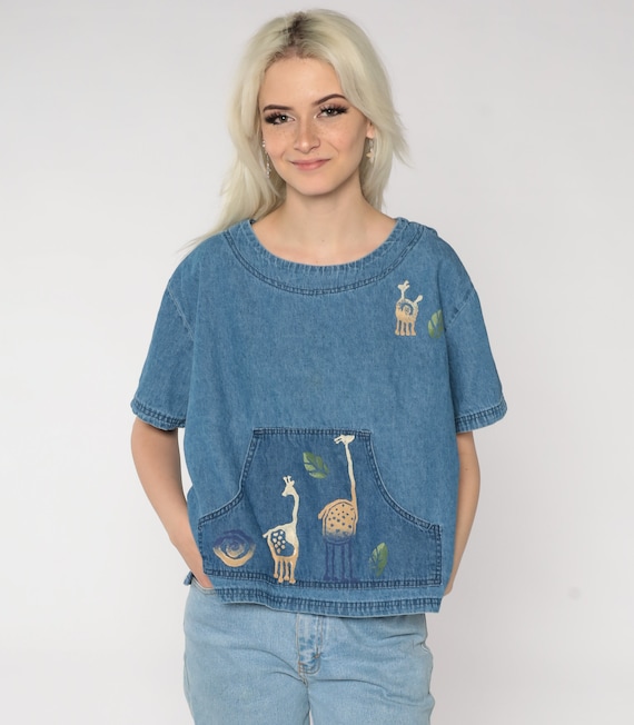 Denim Giraffe Shirt Blue Cotton Tee Kangaroo Pocket Animal Print Grunge Tshirt 80s Jean Shirt Short Sleeve T Shirt 1980s Vintage Top Large L