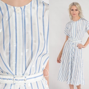 Striped Midi Dress 80s Day Dress White Blue Embossed Square Print Retro High Waisted Belt Cap Sleeve Nautical Girly Vintage 1980s Small 6