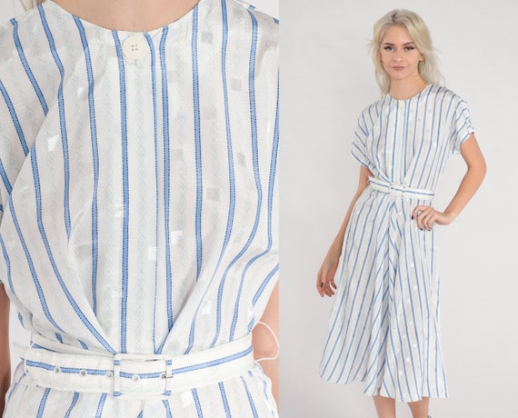 Striped Midi Dress 80s Day Dress White Blue Embossed Square Print Retro High Waisted Belt Cap Sleeve Nautical Girly Vintage 1980s Small 6