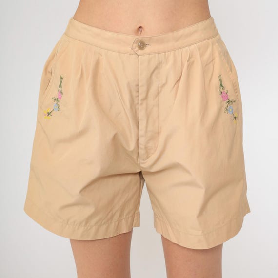 Vintage Floral Embroidered Shorts 80s High Waisted Tan Pleated Trouser Short Retro Mom Shorts Summer 1980s Medium M