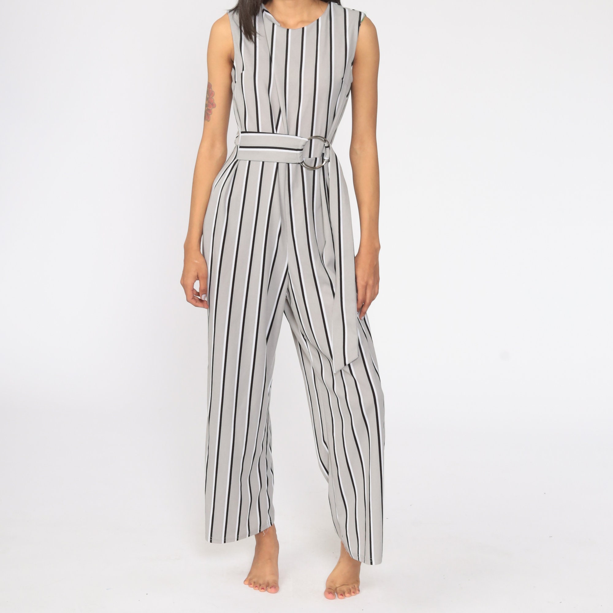 Wide Leg Jumpsuit 90s Grey Striped Pantsuit TROUSER Sleeveless Jumpsuit