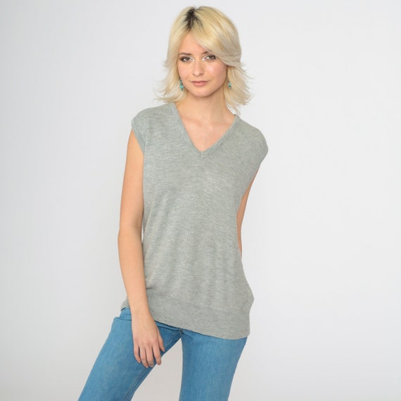 Grey Sweater Vest Top 70s Knit Tank Top Sleeveless Nerd 80s Boho V Neck Knit Shirt Sleeveless Preppy Vintage Large
