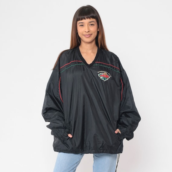 Minnesota Wild Jacket 90s NHL Ice Hockey Jacket Black Pullover Windbreaker Saint Paul Sports Sweatshirt V Neck 1990s Vintage Extra Large xl