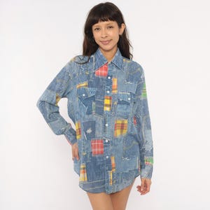 70s Patchwork Denim Print Shirt Blouse Plaid Madras Distressed Jean Pattern Long Sleeve Cotton Blue Yellow Red Green Top Vintage Medium M