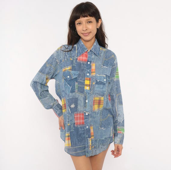 70s Patchwork Denim Print Shirt Blouse Plaid Madras Distressed Jean Pattern Long Sleeve Cotton Blue Yellow Red Green Top Vintage Medium M