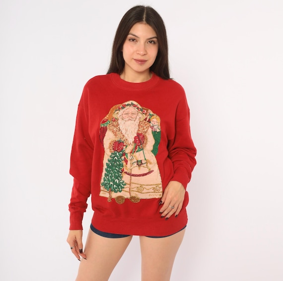 80s Santa Claus Sweatshirt Red Christmas Glitter Sequin Puffy Paint Graphic Cotton Gold Ugly Sweater Party Holiday Xmas Long Sleeve Medium M