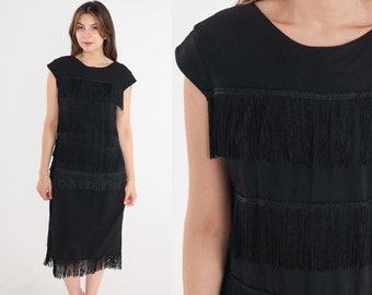 Vestido preto com franjas anos 60 Vestido de festa com camadas de coquetel e borlas Manga curta Midi para noite Vestido preto vintage dos anos 60 LBD Médio