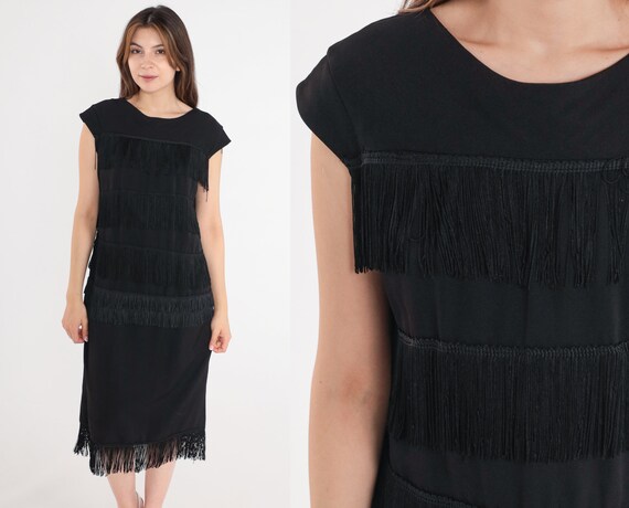 Black Fringe Dress 60s Flapper Shift Dress Party Tiered Cocktail Tassel Cap Sleeve Evening Midi 1960s Vintage Little Black Dress LBD Medium