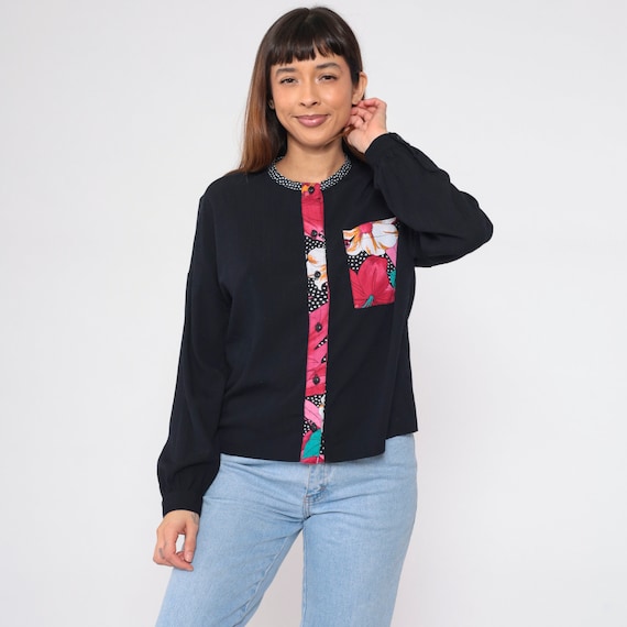 Polka Dot Floral Blouse 90s Black Button Up Shirt Flower Print Trim Chest Pocket Top Long Sleeve Boho Hippie Retro Vintage 1990s Medium M
