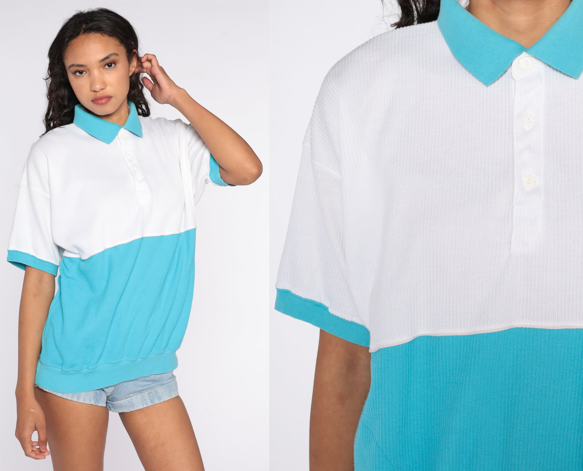 Color Block Shirt 80s Top White Blue 