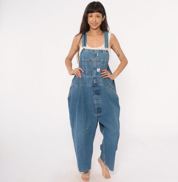 90s Denim Overalls Roundhouse Dungarees Cotton Workwear Carpenter Bib Blue Medium Wash Grunge Baggy Vintage Utility Pockets Unisex Medium M