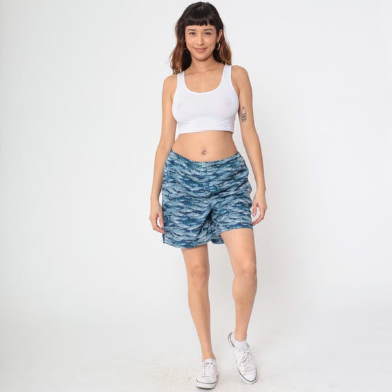 Shark Print Swim Trunks 90s Vintage Ocean Blue Board Shorts Mesh Lined Y2K Surfwear Summer Pool Beach Party Retro Novelty Shorts Medium M
