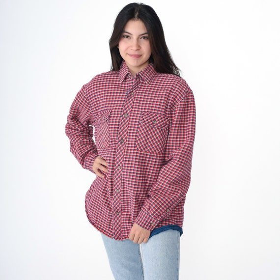 Red Plaid Jacket 90s Quilted Lined CPO Jacket Button up Retro Lumberjack Blue Tan Hiking Warm Checkered Vintage 1990s Medium Large