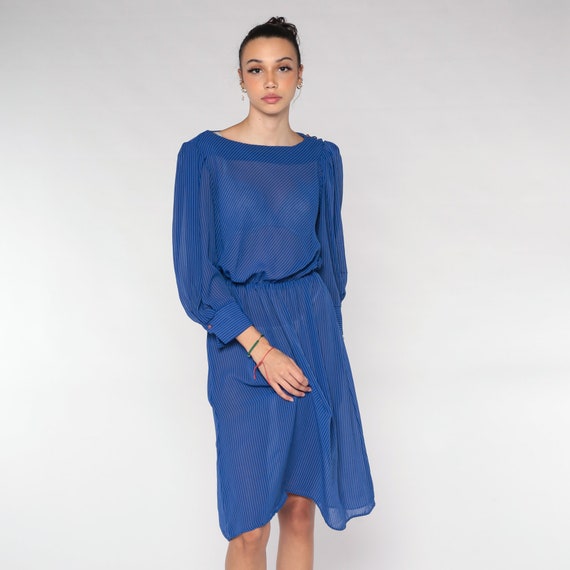 Striped Midi Dress 70s Sheer Blue Blouson Dress Long Puff Sleeve High Elastic Waist Retro Secretary Vintage 80s Byer Too Small Medium