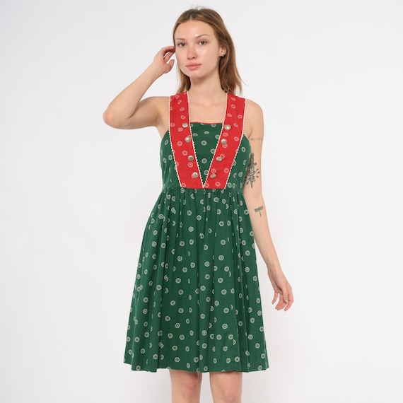 60s Dirndl Dress Green Red Floral Cotton Square Neck Silver Button Trim Folk Bavarian German  Summer Sundress Octoberfest Extra Small XS