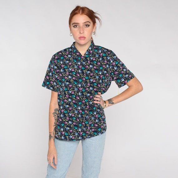 Y2K Button Up Shirt Navy Floral Blouse Blue Short Sleeve Top Shoulder Pad Top 00s Vintage Bohemian Botanical Busy Flower Print Purple Medium