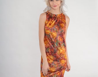 60s Shift Dress Watercolor Floral Mod Mini Dress Orange Red Flower Print Psychedelic Gogo Twiggy Sixties Sleeveless Vintage 1960s Small S