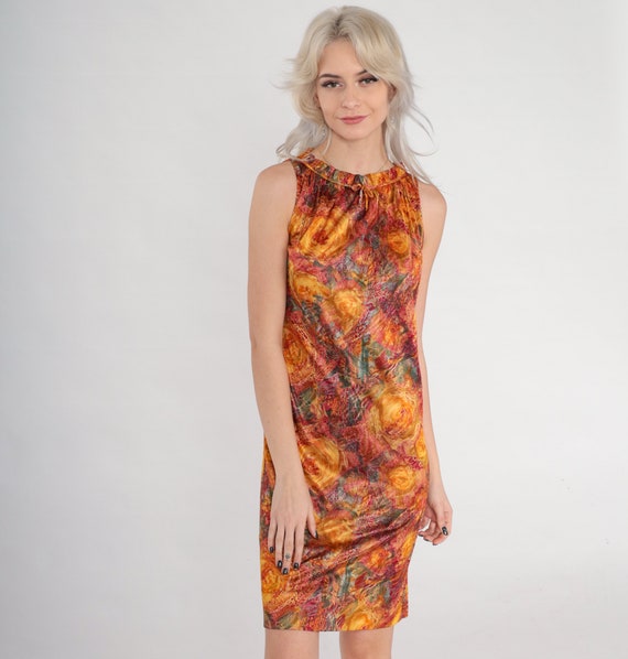 60s Shift Dress Watercolor Floral Mod Mini Dress Orange Red Flower Print Psychedelic Gogo Twiggy Sixties Sleeveless Vintage 1960s Small S