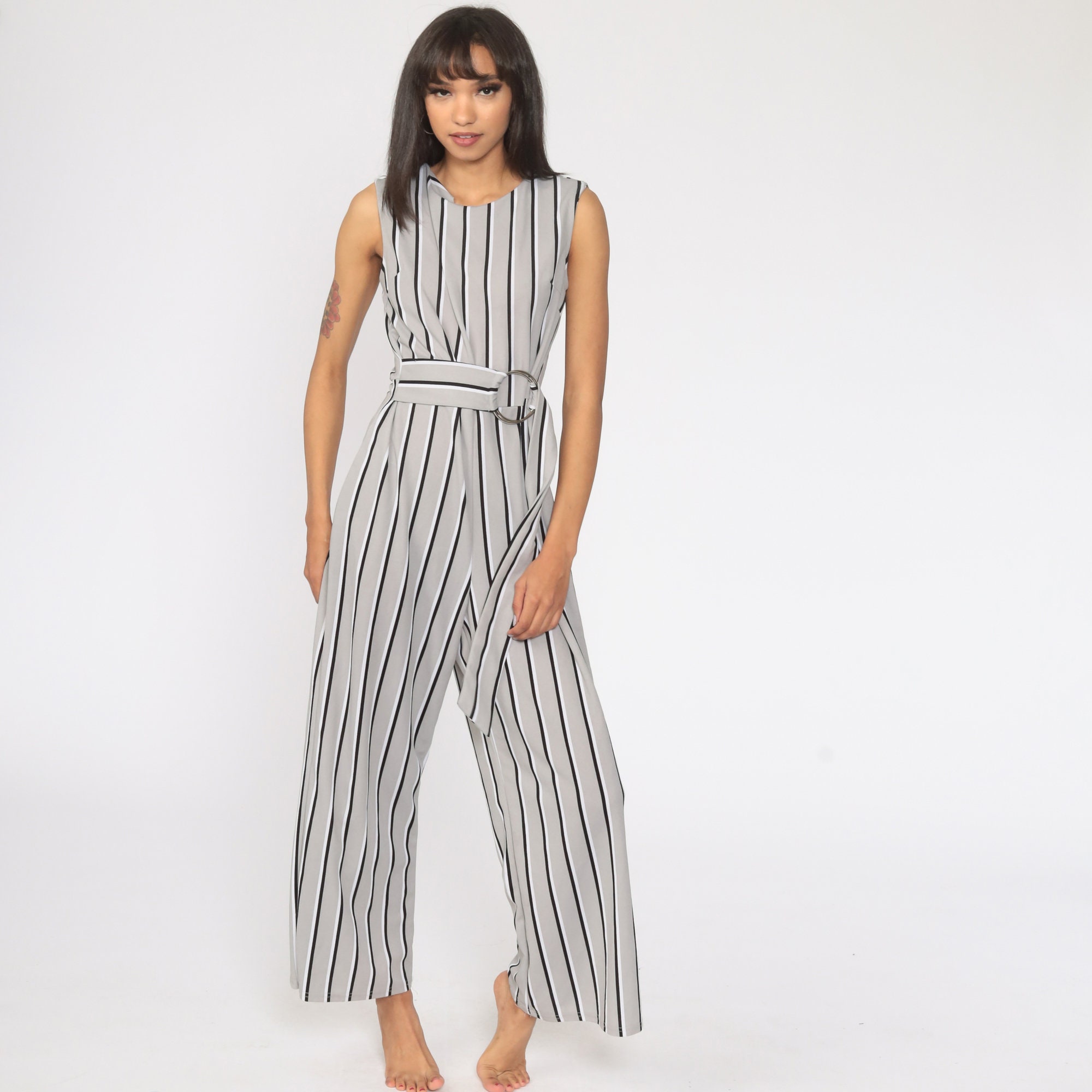 Wide Leg Jumpsuit 90s Grey Striped Pantsuit TROUSER Sleeveless Jumpsuit