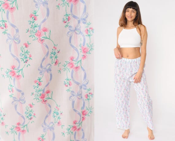 Vintage Floral Pajama Pants 80s White Ribbon Print Sleep Pants Thin Lounge Pants High Waisted Retro PJs Vintage 1980s Medium