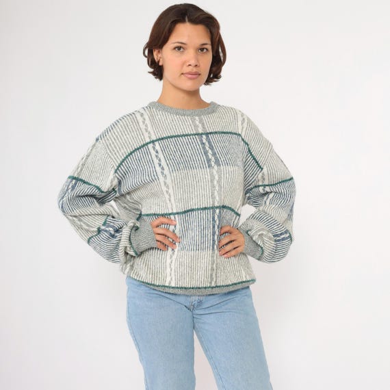 Vintage 80s Striped Sweater Blue Grey Knit Grunge Sweater Slouch 1980s Pullover Retro Men's Oversized Extra Large xl