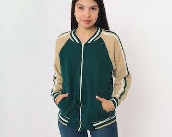 Chaqueta deportiva de punto verde vintage de los años 80 con cremallera, rayas beige y blancas, ropa de calle de abrigo, estilo retro deportivo, manga raglán, talla 36 mediana