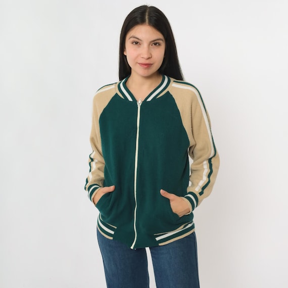 Vintage Green Knit Track Jacket 80s Zip Up Beige White Striped Warmup Streetwear Retro Athletic Sporty 1980s Raglan Sleeve Size 36 Medium