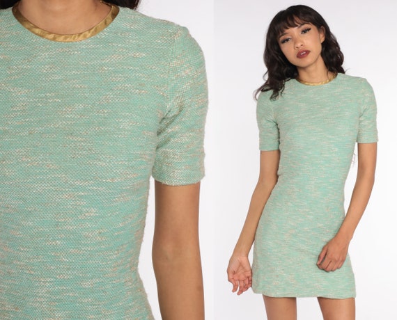 60s Mod Dress Sheath Mini 1960s Green Knit Dress Twiggy Retro Vintage Plain Simple Shift MiniDress Extra Small xs