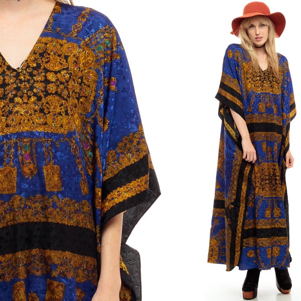 Kimono Dress 90s Kaftan Boho Caftan Maxi Dress BAROQUE Gold Graphic Print Hippie Bohemian Vintage V Neck Tent Blue Black Small Medium Large