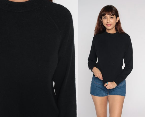 Black Acrylic Sweater 00s Knit Pullover Sweater Raglan Sleeve Retro Basic Plain Solid Jumper Vintage y2k Lightweight Petite Small