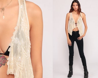 Beaded Vest Top 90s SHEER Blouse White Shirt Sequin Top Bohemian Hippie Vest Wedding Vintage see through Boho Beading Extra Small xs