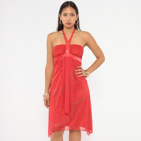 Y2K Red Mini Sparkle Halter Dress Glitter Chiffon Cocktail Party Satin Tie Neck Cherry Rhinestone Club Going Out Scarlet Extra Small XS