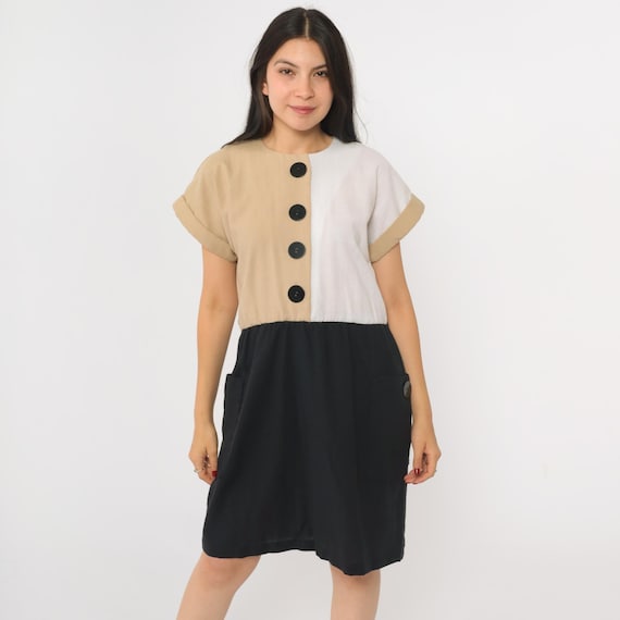 80s Color Block Mini Dress Vintage Secretary Dress 1980s Button Up Dress Black Tan White 1980s Cuffed Short Sleeve High Waist Medium 8