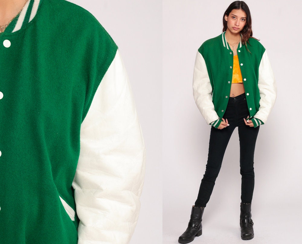Green Letterman Jacket Wool Varsity Jacket LEATHER Baseball Jacket Bomber Jacket 80s Coat Sports 