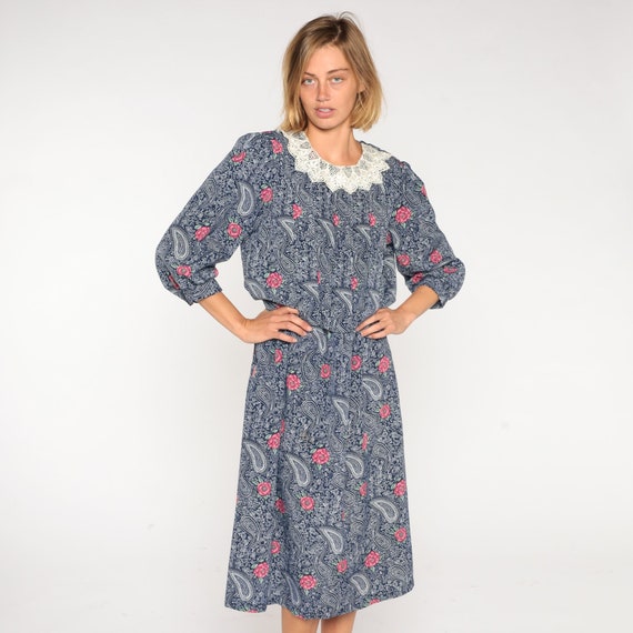 80s Paisley Dress Blue Floral Midi Dress Lace Collar Day Dress Granny Blouson High Waisted Secretary Long Puff Sleeve Vintage 1980s Medium