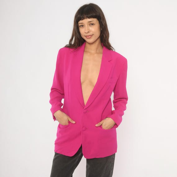Hot Pink Wool Blazer 90s Fuchsia Jacket Two Button Front Magenta Suit Coat Structured Shoulder Barbiecore Power Dressing Rose Blush Medium M