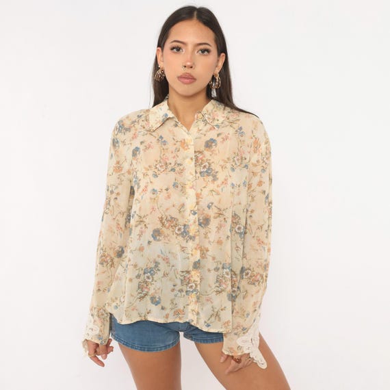 90s Floral Blouse Beige Sheer Crochet Lace Cuff Long Sleeve Blue Flower Cottagecore Prairie Shirt Boxy Cream Romantic Top Vintage Medium M