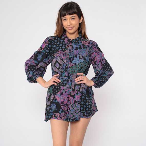 Boho Tunic Top 90s Micro Mini Dress Black Abstract Floral Paisley Print Tent Shirt Puff Sleeve Collared Blouse Vintage 1990s Medium Large