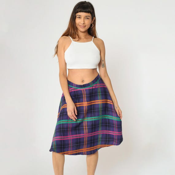 Vintage Purple Plaid Midi Skirt 90s Checkered Academia Retro Preppy Style School Girl Tartan High Waisted 1990s Medium M