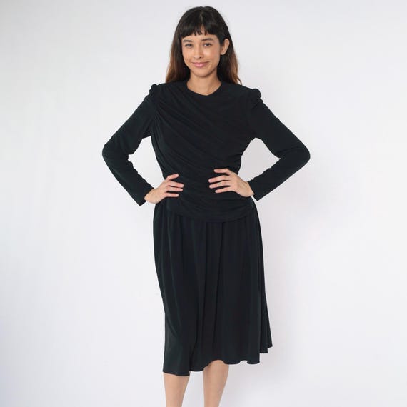 Vintage Black Party Dress Saks Fifth Avenue 80s Draped Long Puff Sleeve Cocktail Night Out Midi Elegant Ruched 1980s Evening Gown Medium M