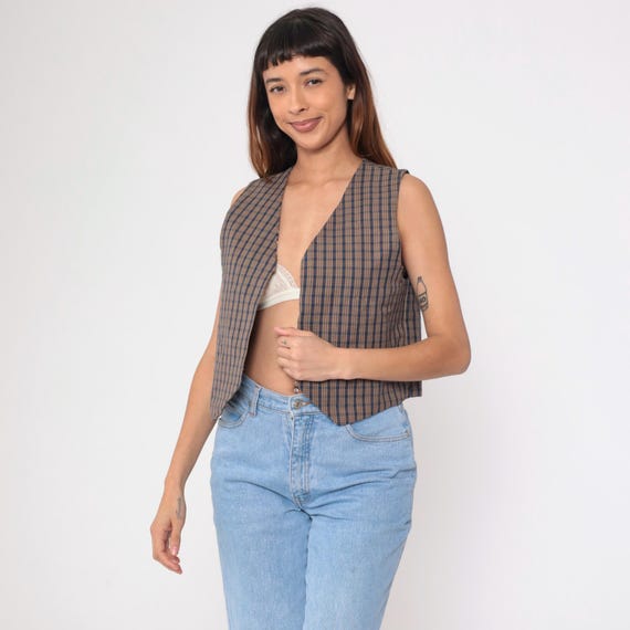 90s Reversible Patchwork Vest Vintage Chambray Pl… - image 3