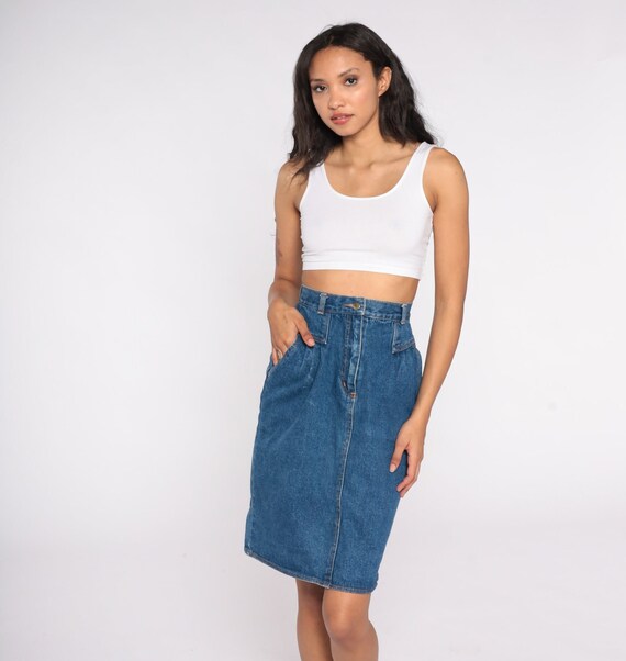 Pleated Denim Skirt 80s Blue Jean Western Skirt Pencil Skirt High Waisted Cotton Mini Boho 1980s 1990s Retro Vintage Simple Extra Small xs