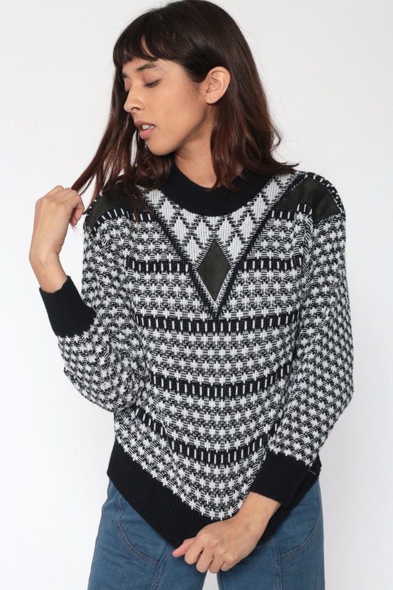 Geometric Leather Sweater Black and White 80s STR… - image 3