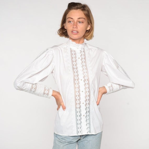 White Prairie Blouse Puff Sleeve Shirt Lace Top B… - image 3