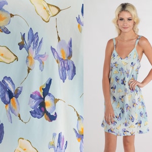 Blue Floral Slip Dress Y2k Silk Lingerie Mini Dress Retro Nightgown Chemise Nightie Sleeveless Sexy Flower Print Pastel Vintage 00s Medium M