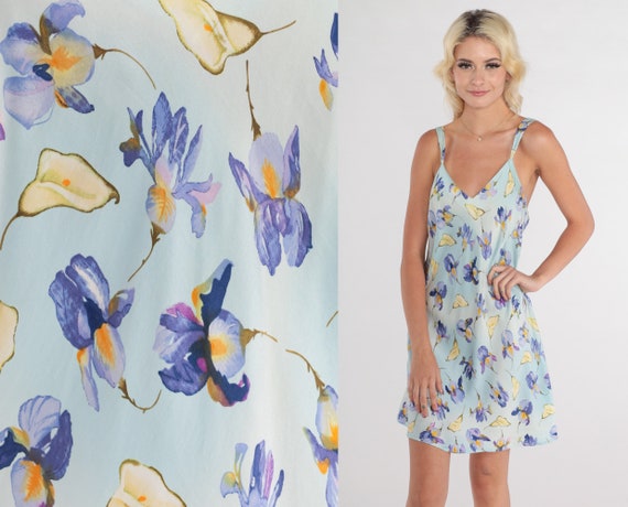 Blue Floral Slip Dress Y2k Silk Lingerie Mini Dress Retro Nightgown Chemise Nightie Sleeveless Sexy Flower Print Pastel Vintage 00s Medium M