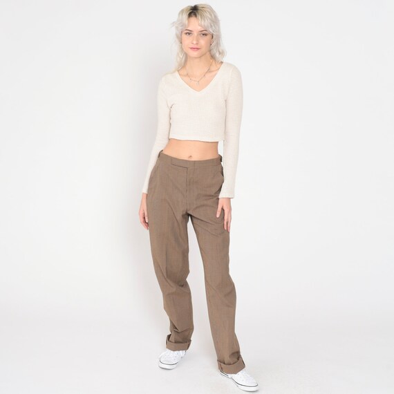 70s Checkered Pants Brown Check Trousers High Waisted Rise Straight Leg Retro Preppy Slacks Golf Vintage 1970s Women's Medium 29 Tall Long