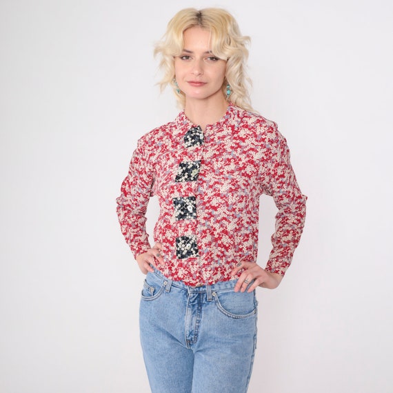 Red Floral Blouse 90s Cherry Blossom Asian Inspir… - image 2