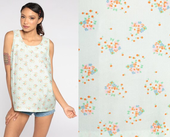 Floral Tank Top 70s Hippie Blouse Green Boho Shirt Sleeveless Vintage Bohemian Shirt 1970s Festival Hippy Shirt Medium Large